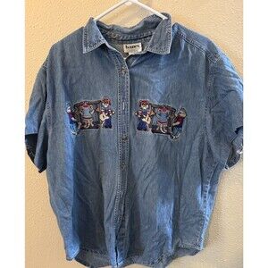 Banes Collection Embroidered Denim Button Up Shirt Cats Band XL 1X 100% Cotton